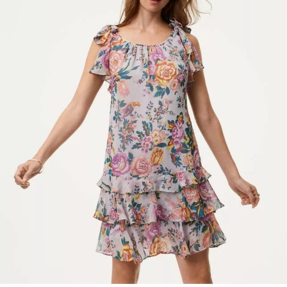 NWT Loft Bird Garden Flounce Dress M Purple